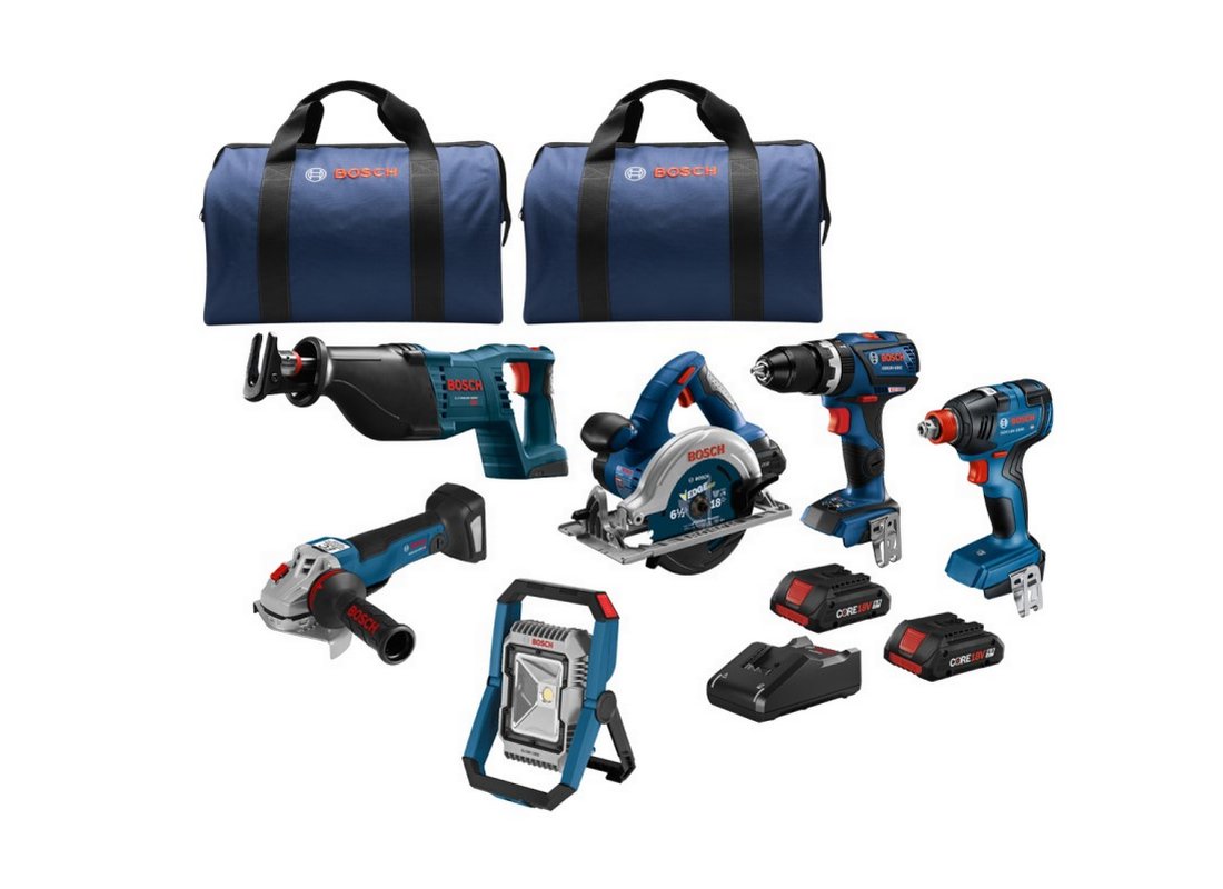 18V 6-Tool Combo Kit with Two-In-One Bit/Socket Impact Driver, 1/2 In. Hammer Drill/Driver, Reciprocating Saw, Circular Saw, 4-1/2 In. Angle Grinder, LED Floodlight and (2) CORE18V 4.0 Ah Compact Batteries