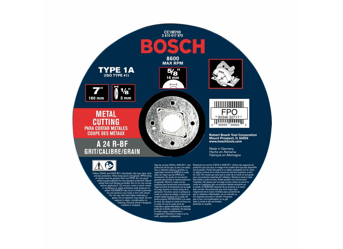 Meule pour coupe de métal de grain 24 de type 1A (ISO 41), arbre de 7/8 po, 7 po × 1/8 po Bosch CC1M700