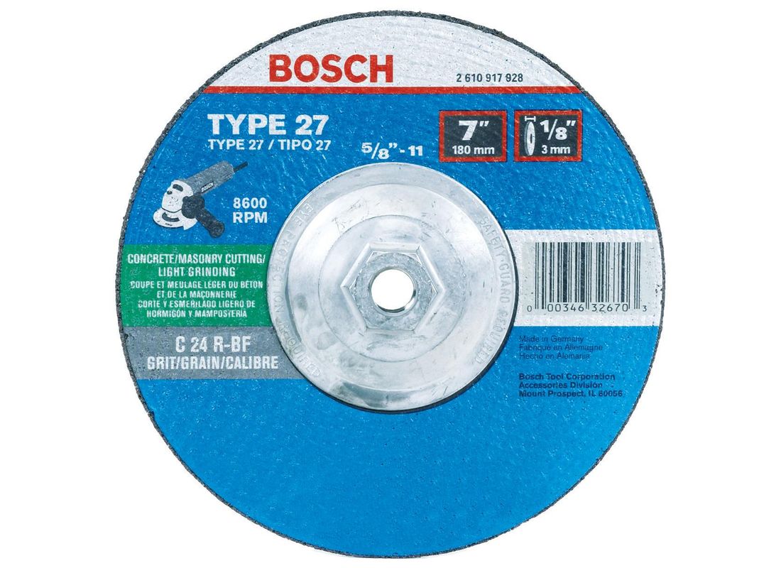 Meule abrasive de 4-1/2 x 1/8 po avec abrasif de type 27, grain 30, et arbre de 7/8 po pour la coupe de métal et le meulage longue durée Bosch CG27LM450