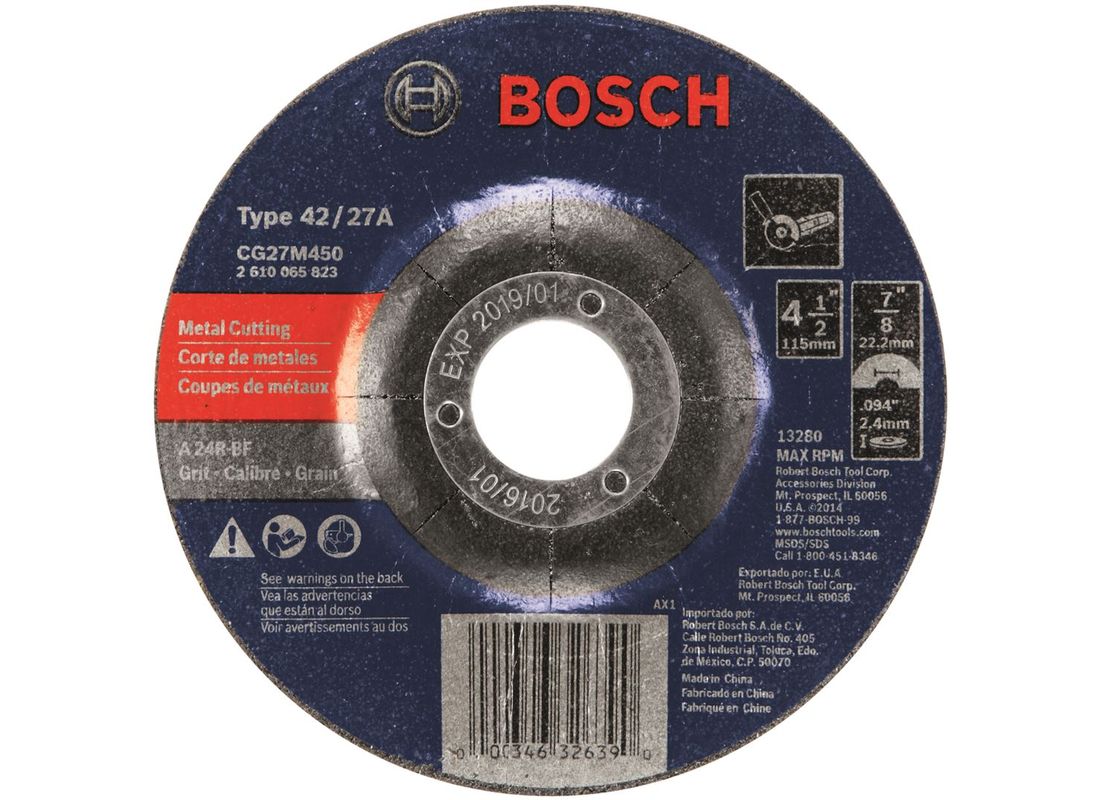 Meule abrasive de 4-1/2 x 3/32 po avec abrasif de type 27, grain 24, et arbre de 7/8 po pour la coupe de métal et le meulage léger Bosch CG27M450