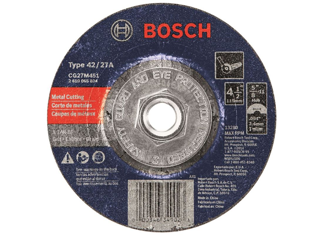 Meule abrasive de 4-1/2 x 3/32 po avec abrasif de type 27, grain 24, et arbre de 5/8 po à 11 filets pour la coupe de métal et le meulage léger Bosch CG27M451