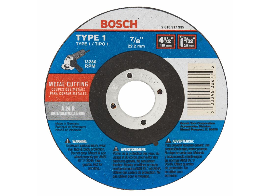 Meule abrasive de 4-1/2 x 3/32 po pour la coupe de métal avec abrasif de type 1A (ISO 41), grain 24, et arbre de 7/8 po Bosch CW1M450