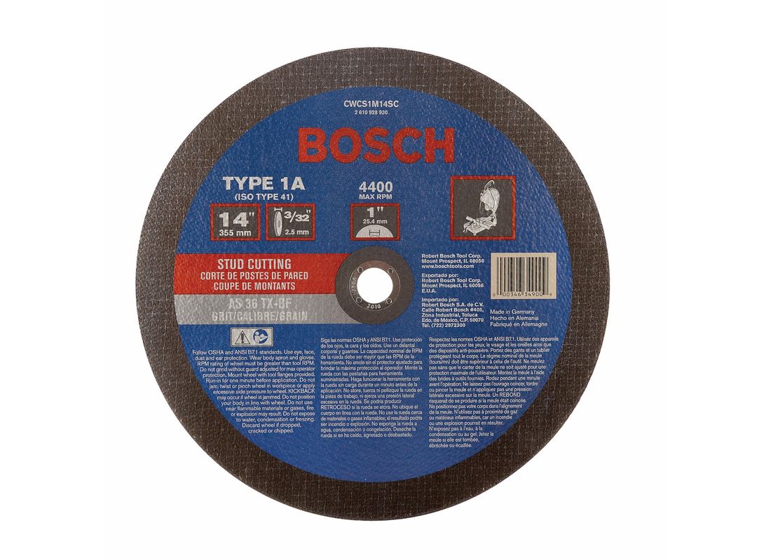 Meule abrasive agglomérée pour la coupe d’acier inoxydable/montant en métal à arbre de 1 po, type 1A (ISO 41), grain 36, 14 po 3/32 po Bosch CWCS1M14SC