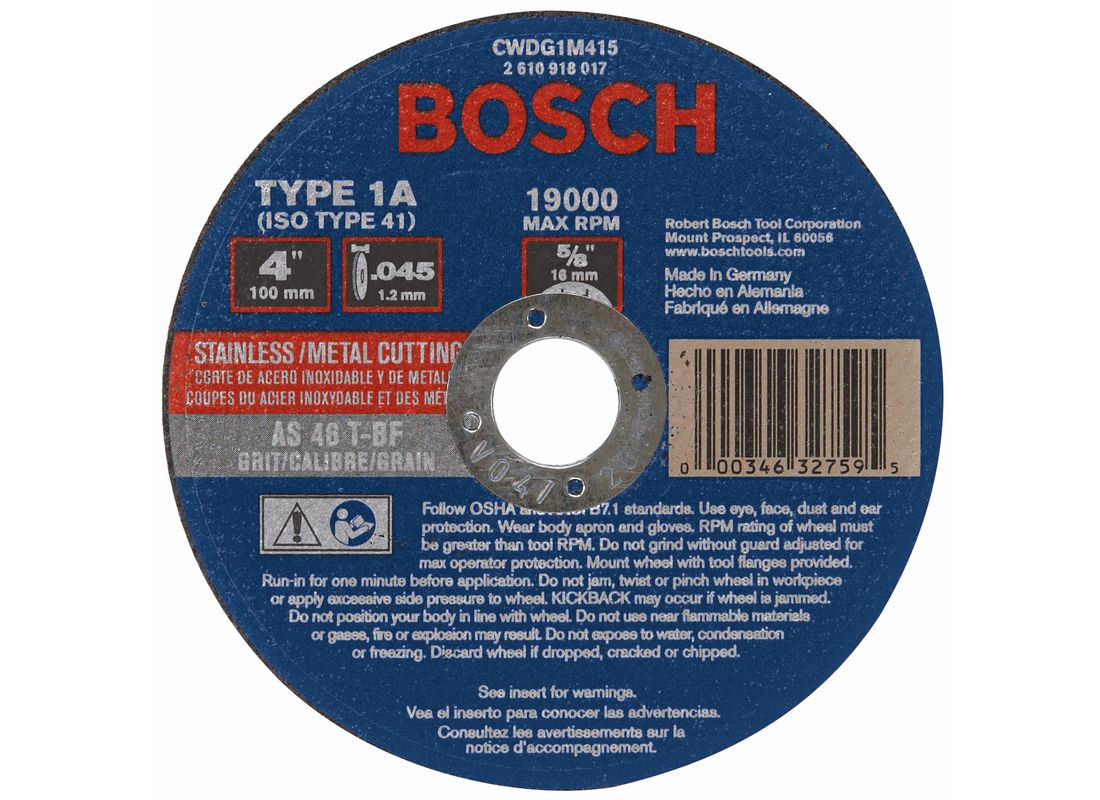 4 In. x .045 In. 5/8 In. Arbor Type 1A 46 Grit Metal Cutting Grinding Wheel Bosch CWDG1M415