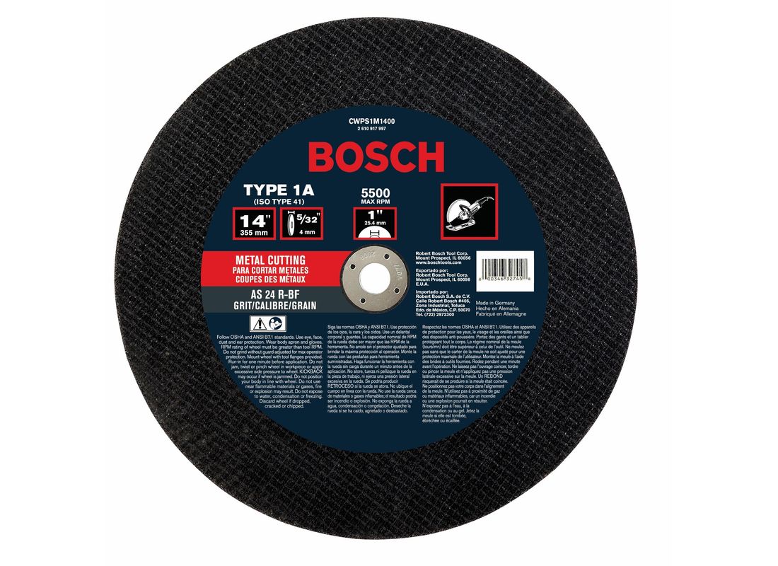 Meule abrasive agglomérée pour la coupe du métal à arbre de 1 po, type 1A (ISO 41), grain 24, 14 po 5/32 po Bosch CWPS1M1400