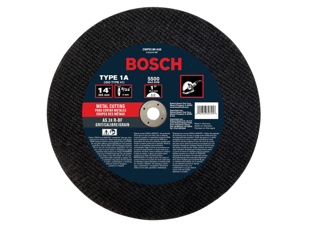 Meule abrasive agglomérée pour la coupe du métal à arbre de 20 mm, type 1A (ISO 41), grain 24, 14 po 5/32 po Bosch CWPS1M1420