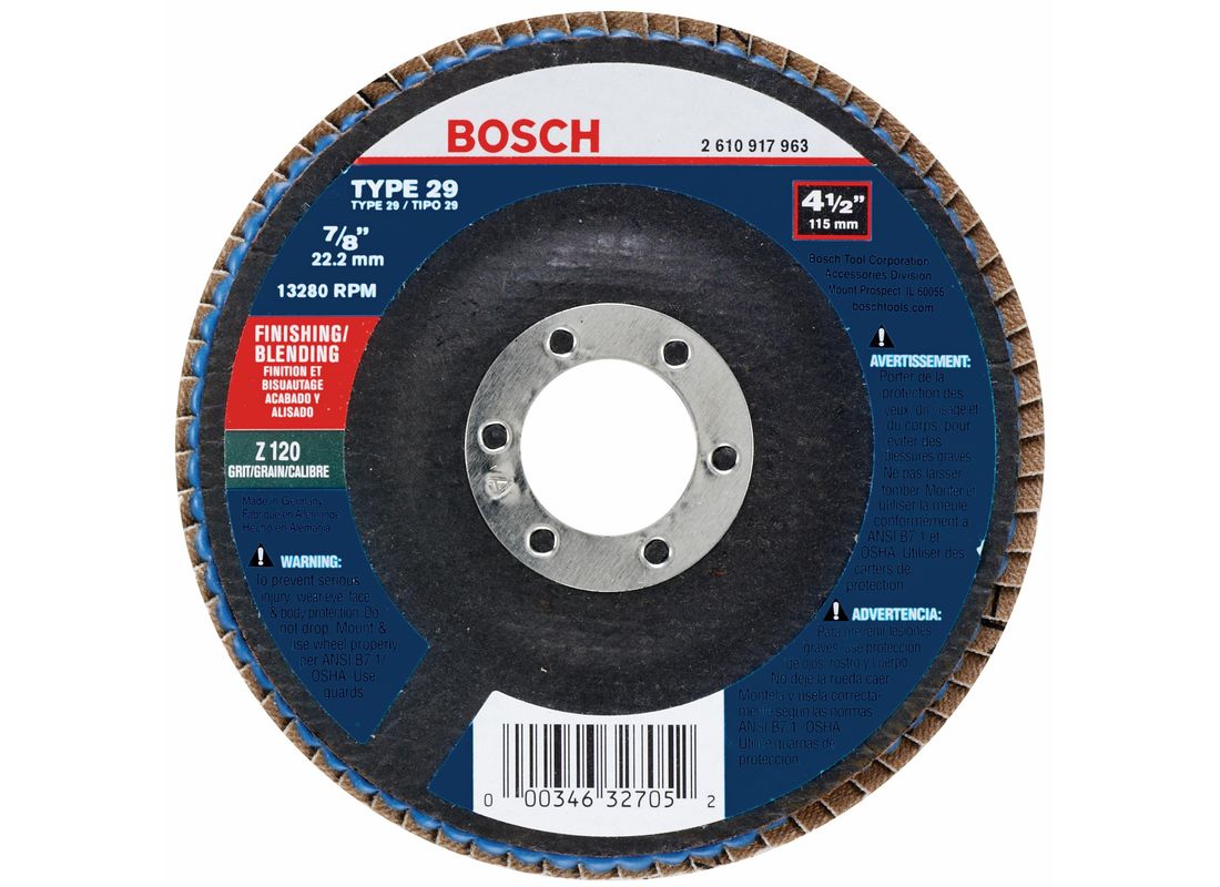 Meule abrasive de rectification/égalisation de 4-1/2 po avec abrasif type 29, grain 120, alésage de 7/8 po Bosch FD29450120