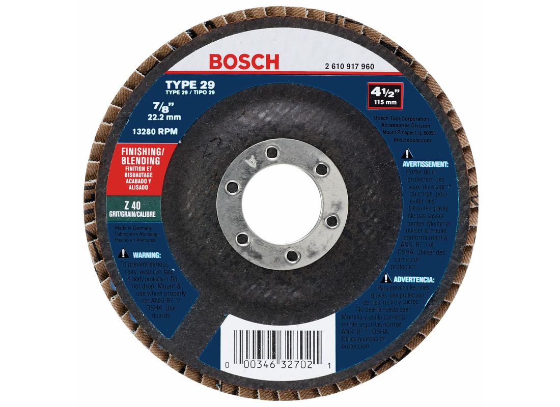 Meule abrasive de rectification/égalisation de 4-1/2 po avec abrasif type 29, grain 40, alésage de 7/8 po Bosch FD2945040