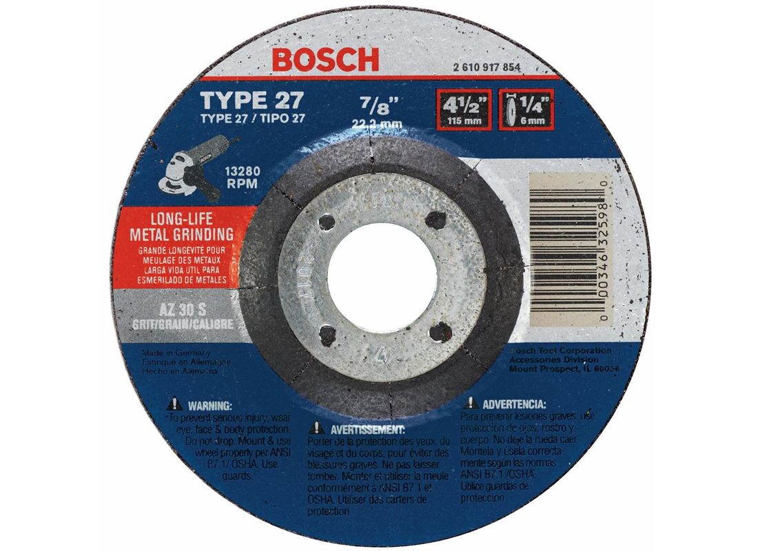 4-1/2 In. 1/4 In. 7/8 In. Arbor Type 27 30 Grit Grinding Abrasive Wheel Bosch GW27LM450