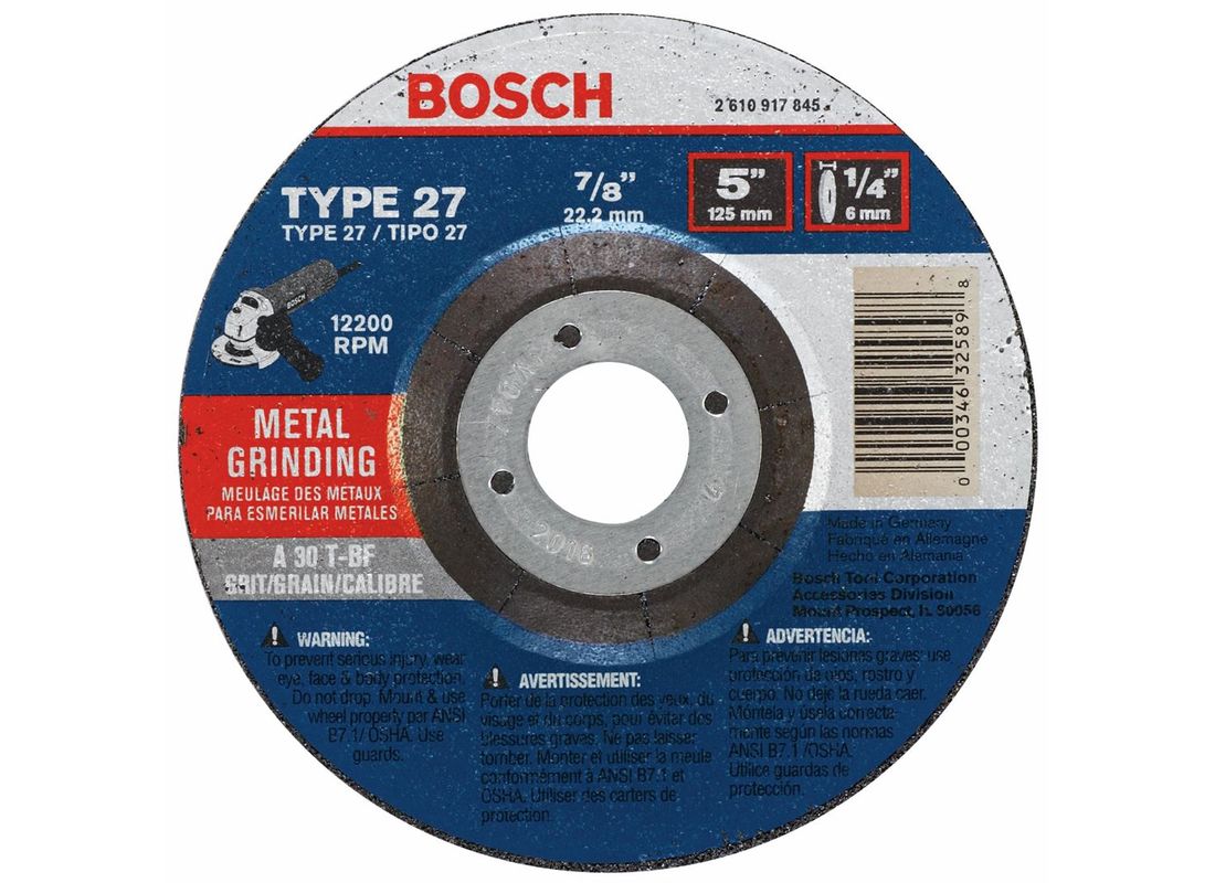 5 In. 1/4 In. 7/8 - 11 In. Arbor Type 27 30 Grit Grinding Abrasive Wheel Bosch GW27M500