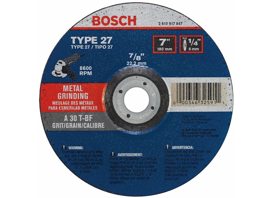 7 In. 1/4 In. 7/8 In. Arbor Type 27 30 Grit Grinding Abrasive Wheel Bosch GW27M700