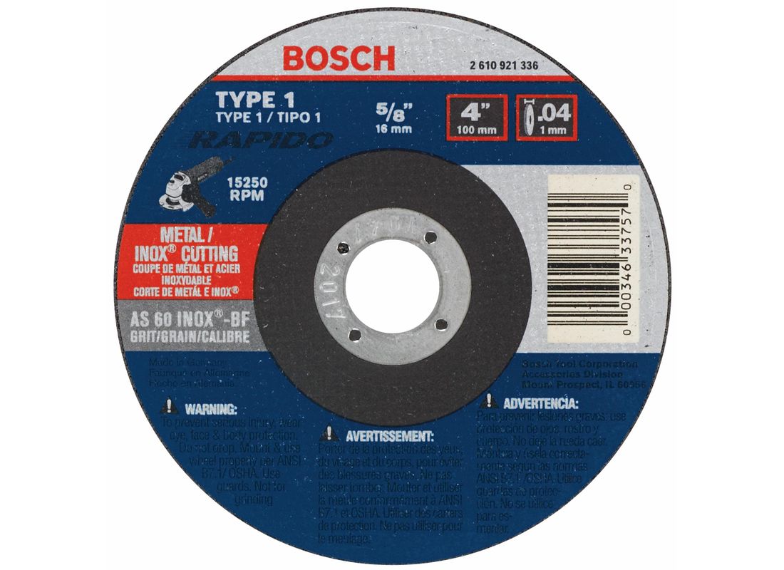 Meule abrasive Rapido™ de 4 po x 0,040 po avec abrasif type 1A (ISO 41), grain 60, alésage de 5/8 po, pour coupe rapide de métal et matériaux inoxydables Bosch TCW1S400