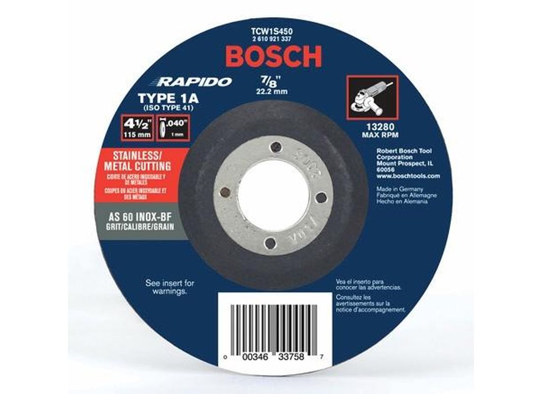 Meule abrasive Rapido™ de 4-1/2 po x 0,040 po avec abrasif type 1A (ISO 41), grain 60, alésage de 7/8 po, pour coupe rapide de métal et matériaux inoxydables Bosch TCW1S450