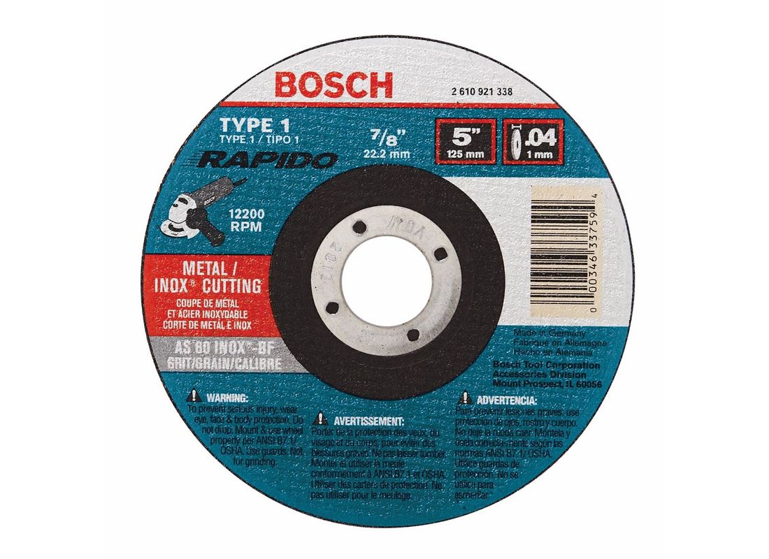 Meule abrasive Rapido™ de 5 po x 0,040 po avec abrasif type 1A (ISO 41), grain 60, alésage de 7/8 po, pour coupe rapide de métal et matériaux inoxydables Bosch TCW1S500