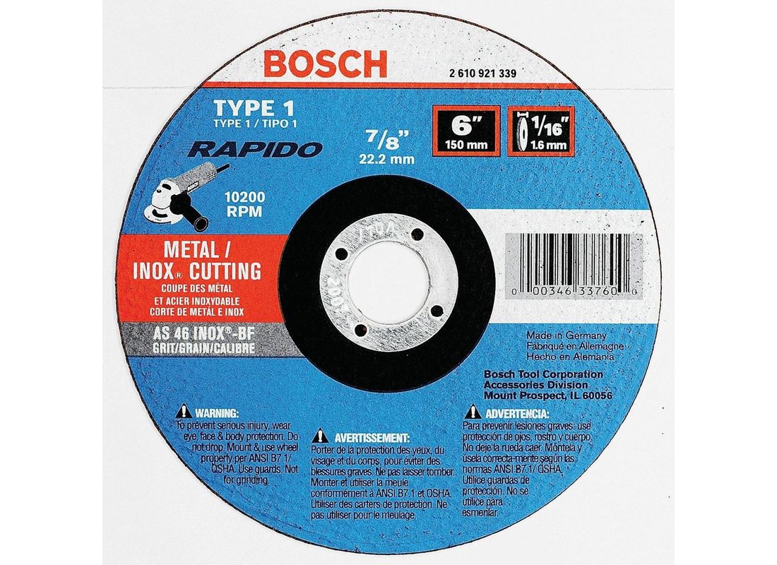 Meule abrasive Rapido™ de 6 po x 1/16 po avec abrasif type 1A (ISO 41), grain 46, alésage de 7/8 po, pour coupe rapide de métal et matériaux inoxydables Bosch TCW1S600