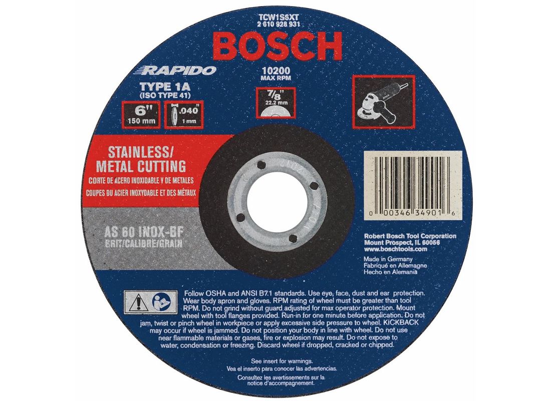 Meule abrasive Rapido™ de 6 po x 0,040 po avec abrasif type 1A (ISO 41), grain 60, alésage de 7/8 po, pour coupe rapide de métal et matériaux inoxydables Bosch TCW1S6XT