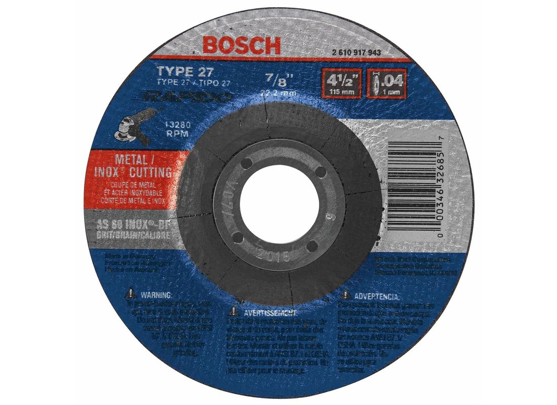 Meule abrasive Rapido™ de 4-1/2 po x 0,045 po avec abrasif type 27A (ISO 42), grain 60, alésage de 7/8 po, pour coupe rapide de métal et matériaux inoxydables Bosch TCW27S450