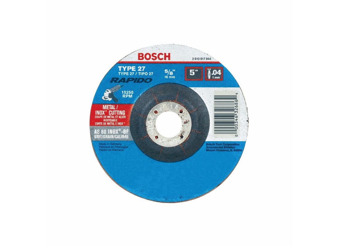 Meule abrasive Rapido™ de 5 po x 0,045 po avec abrasif type 27A (ISO 42), grain 60, alésage de 7/8 po, pour coupe rapide de métal et matériaux inoxydables Bosch TCW27S500