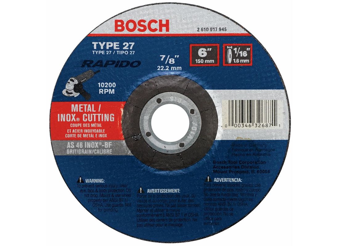 Meule abrasive Rapido™ de 6 po x 1/16 po avec abrasif type 27A (ISO 42), grain 46, alésage de 7/8 po, pour coupe rapide de métal et matériaux inoxydables Bosch TCW27S600