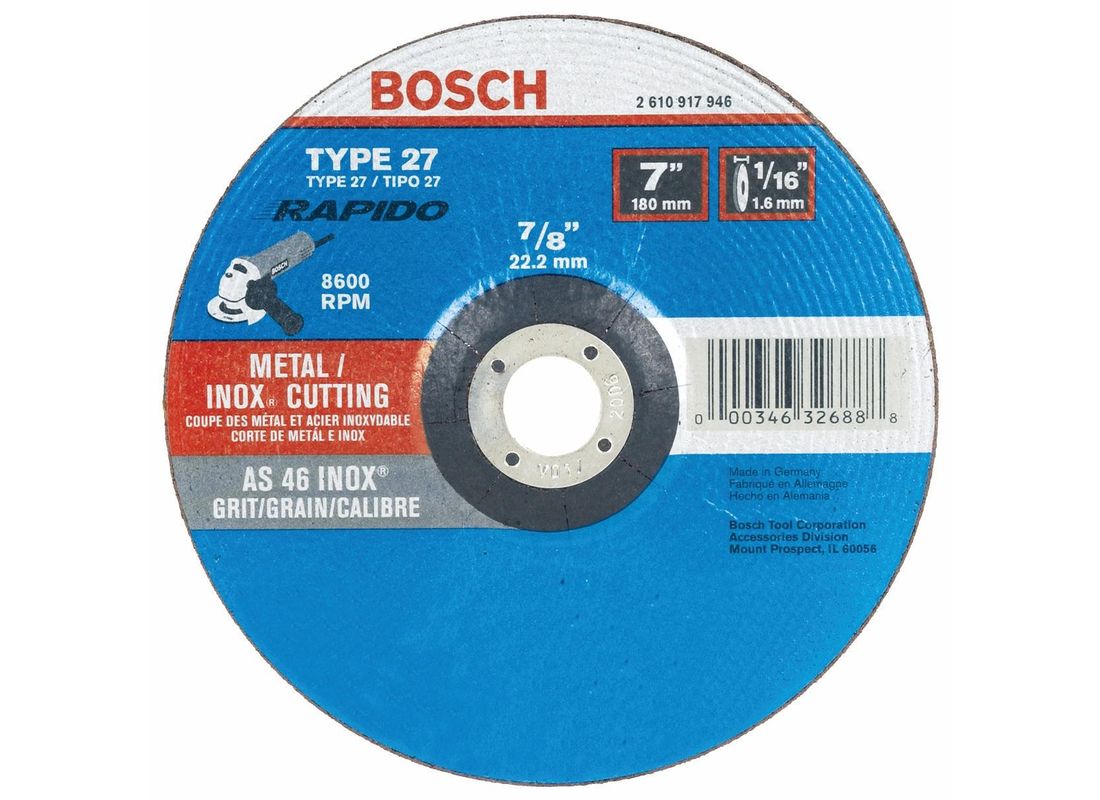 Meule abrasive Rapido™ de 7 po x 1/16 po avec abrasif type 27A (ISO 42), grain 46, alésage de 7/8 po, pour coupe rapide de métal et matériaux inoxydables Bosch TCW27S700