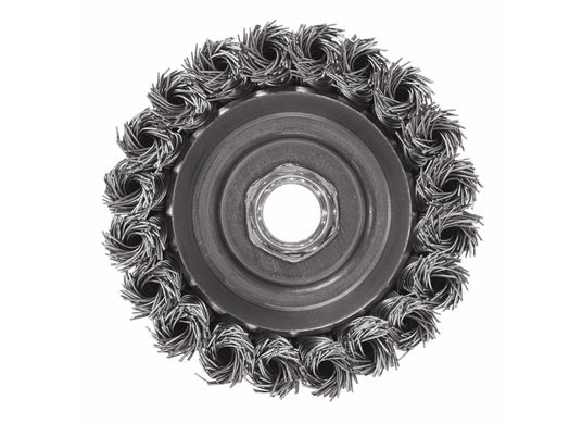 Brosse coupe à rangée simple de fils noués en acier au carbone avec arbre de 5/8 po à 11 po et disque de 3 po de diamètre