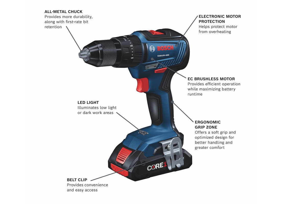 Ensemble de 2 outils 18 V comprenant une perceuse-visseuse à percussion 1/2 po, une visseuse à chocs 18 V Freak avec porte-outil 2 en 1 (1/4 po et 1/2 po) pour embouts de vissage et douilles et 2 batteries Compact CORE18V 4,0 Ah