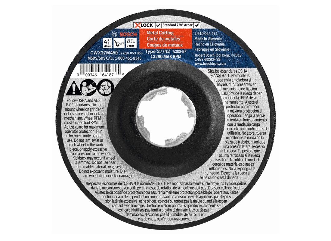 4-1/2 In. x .098 In. X-LOCK Arbor Type 27A (ISO 42) 30 Grit Metal Cutting and Grinding Abrasive Wheel  Buy Now  Select to compare CWX27M500 ????? No rating value for 5 In. X-LOCK Abrasive Wheel(0) CWX27M500  5 In. x .098 In. X-LOCK Arbor Type 27A (ISO 42)